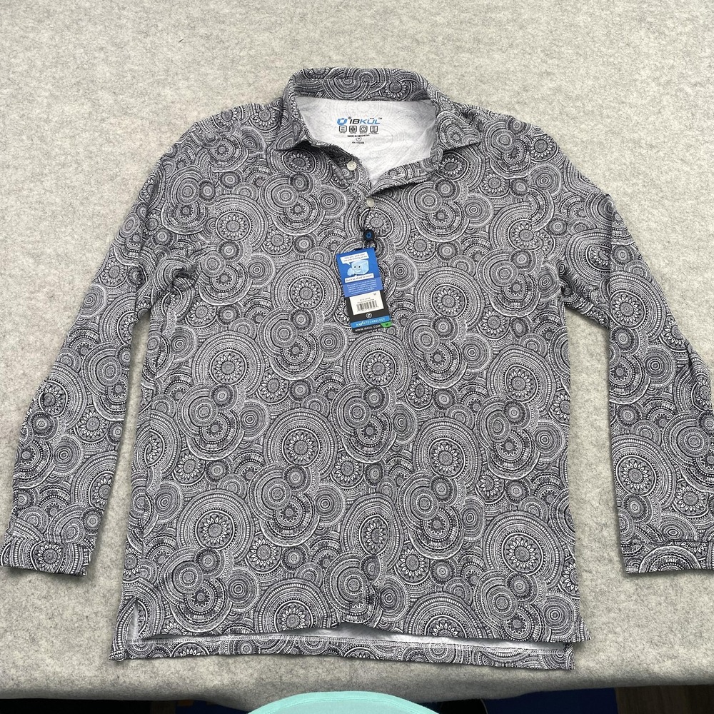 IBKUL Polo Shirt Mens Medium Gray Geometric Long Sleeve UPF 50+ Golf Sun Top